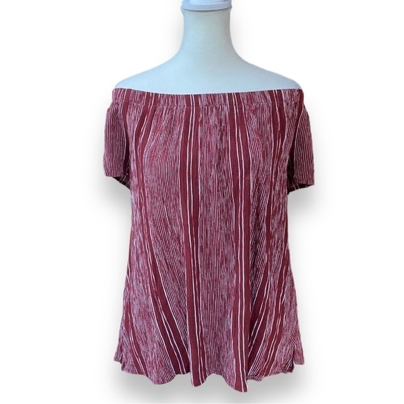 Bobeau Red With White Stripe Off Shoulder Short Sleeve Top Size Large - Picture 1 of 9